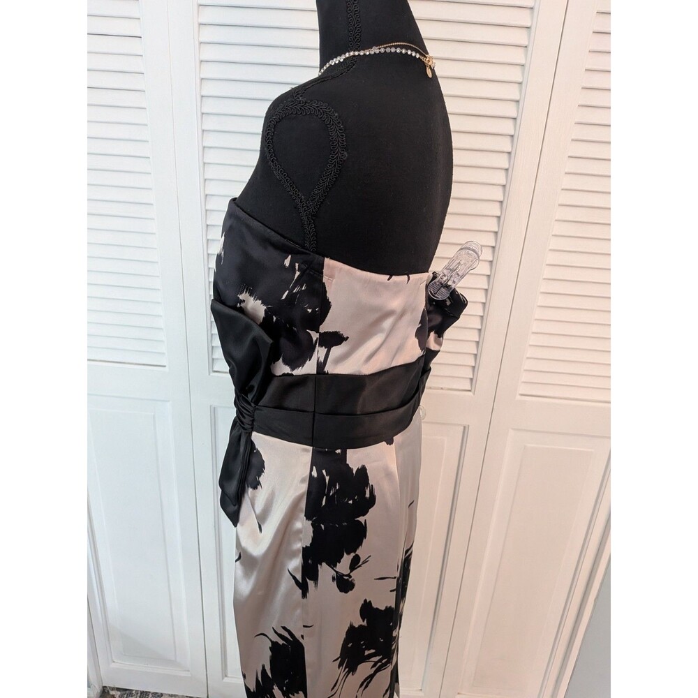 WHBM Dress Womens 12 Beige Black Floral Satin Bow Strapless Formal Cocktail Glam - Picture 6 of 16